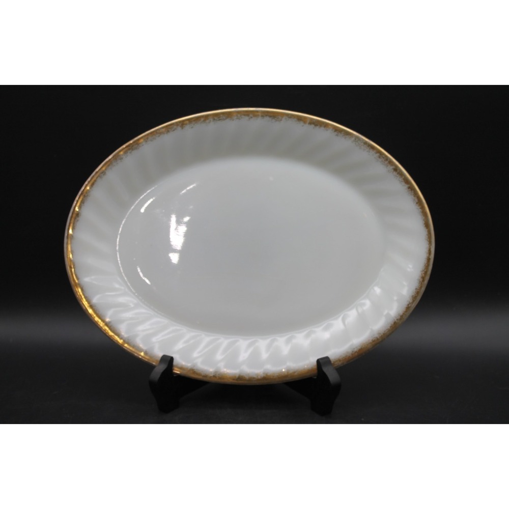 Fire-King Oven Ware White Gold Trim Oval Serving Platter 12x9 Vintage Milk Glass